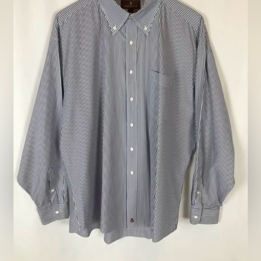 NORDSTROM MENS LONG SLEEVE BUTTON DOWN SHIRT BLUE PINSTRIPE 17x36 100% COTTON